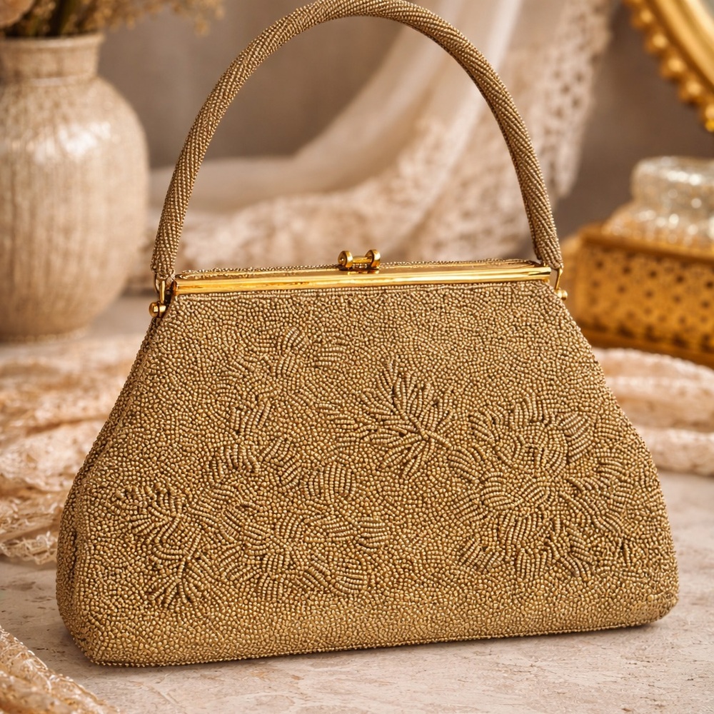 👑Vintage 1950s Gold Beaded Evening Bag NM Style